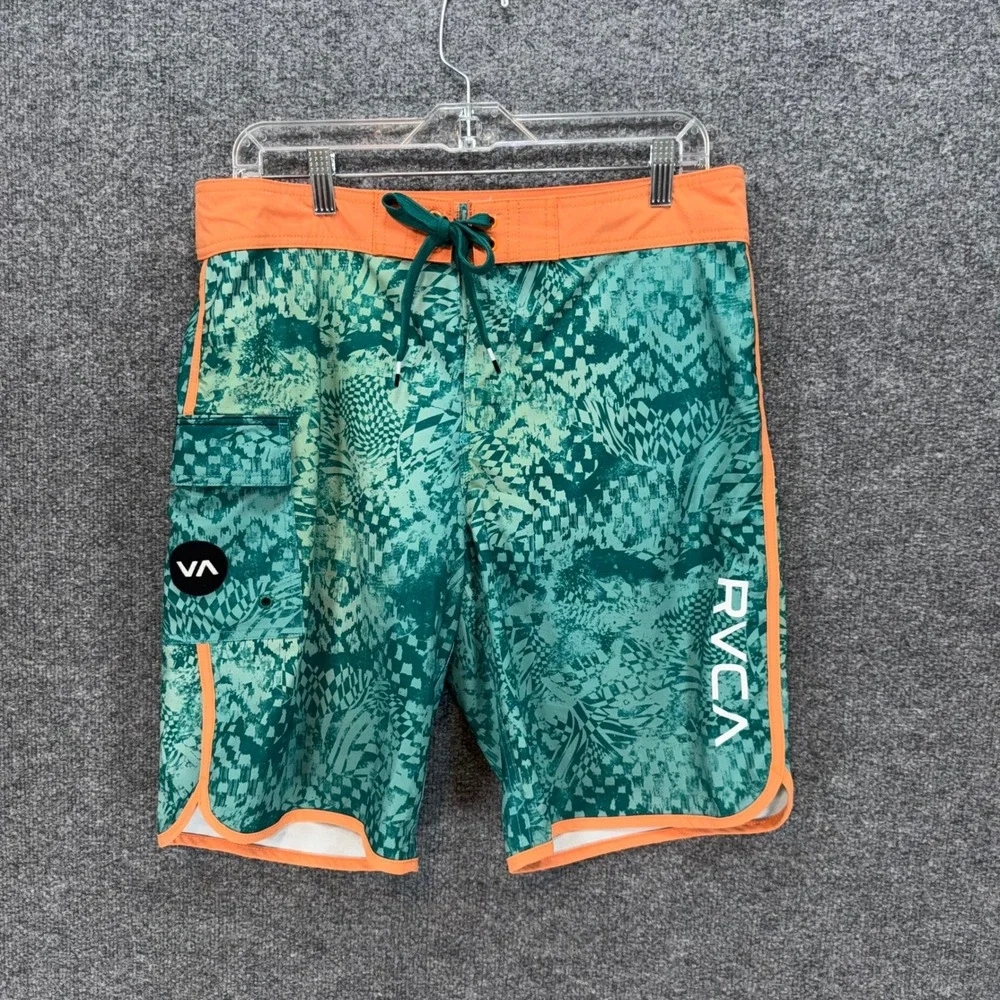 RVCA Board Shorts Mens 33 Green Orange Abstract Print Surf Swim Trunks Summer